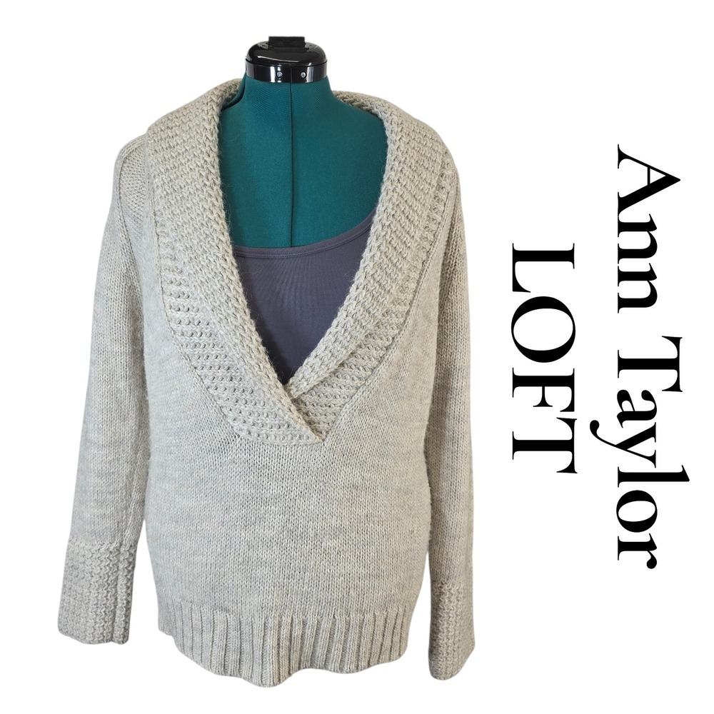 Ann Taylor LOFT Sweater Womens L Oatmeal Alpaca Wool Blend Shawl Neck Knit